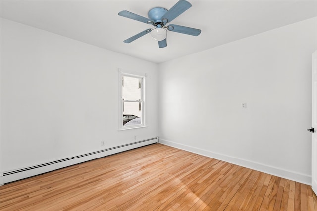 unfurnished room featuring light hardwood / wood-style floors, baseboard heating, and ceiling fan