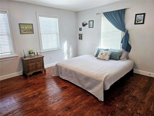 bedroom with multiple windows and dark hardwood / wood-style floors