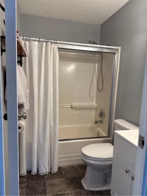 full bathroom with shower / bath combo with shower curtain, toilet, and vanity