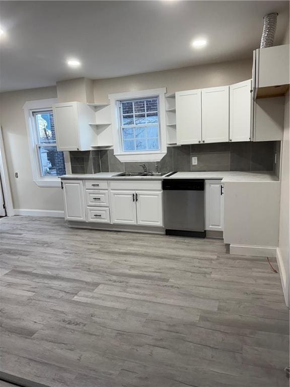 kitchen featuring sink, white cabinetry, light hardwood / wood-style flooring, and stainless steel dishwasher