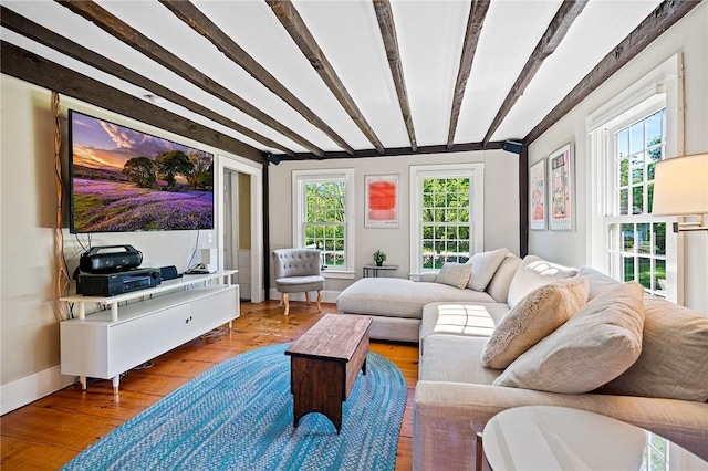 living room with hardwood / wood-style flooring and beam ceiling