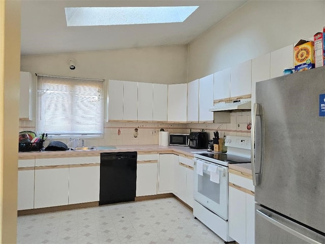 kitchen featuring white electric range, dishwasher, decorative backsplash, white cabinets, and stainless steel fridge