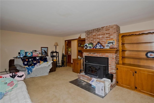 living room with light colored carpet and a baseboard heating unit