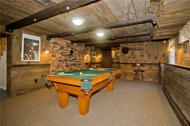 game room featuring carpet, beamed ceiling, wooden walls, billiards, and wooden ceiling