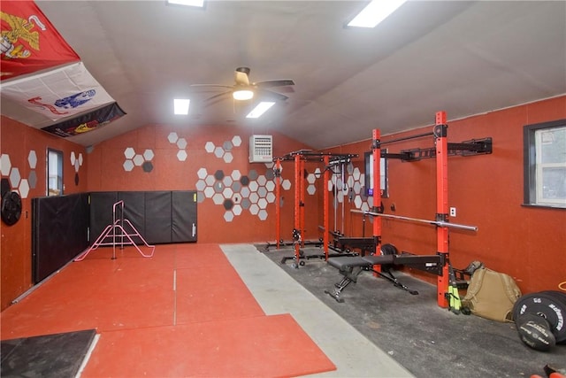 exercise area with vaulted ceiling and ceiling fan