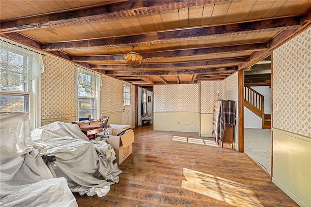 interior space with hardwood / wood-style floors and wooden ceiling