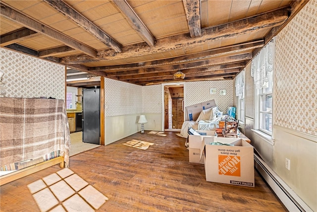 misc room with hardwood / wood-style flooring, baseboard heating, beamed ceiling, and wood ceiling