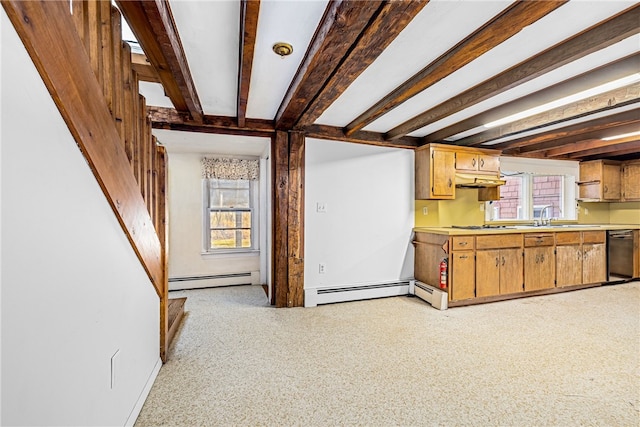 kitchen featuring sink, a baseboard heating unit, dishwasher, and beam ceiling