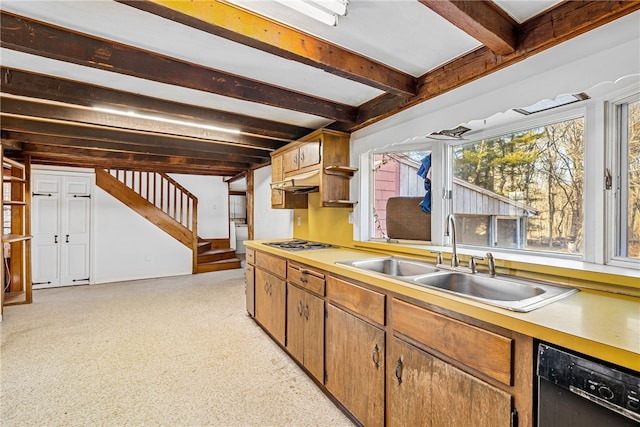 kitchen with beam ceiling, sink, dishwasher, and stainless steel gas cooktop