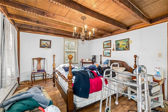 bedroom featuring a notable chandelier, beamed ceiling, wood-type flooring, wood ceiling, and baseboard heating