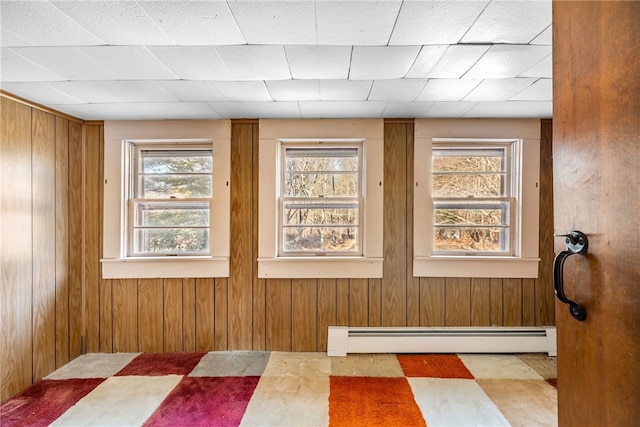 details featuring baseboard heating and wooden walls