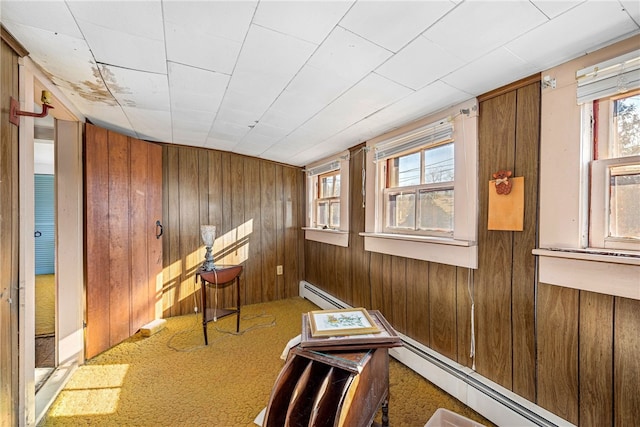 misc room featuring a baseboard heating unit, carpet floors, and wooden walls