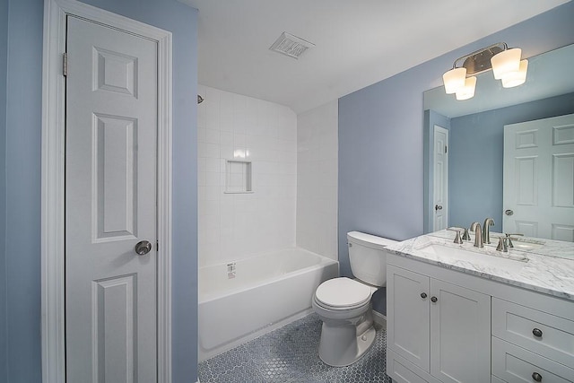 full bathroom featuring washtub / shower combination, vanity, and toilet