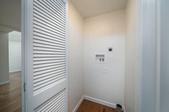 laundry area featuring washer hookup, dark wood-type flooring, baseboards, and hookup for an electric dryer