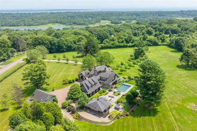 bird's eye view featuring a rural view and a water view