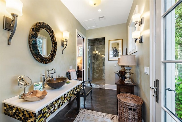 interior space with sink, a wealth of natural light, and a shower with shower door