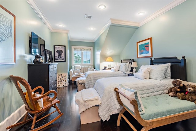 bedroom with dark hardwood / wood-style flooring, crown molding, and lofted ceiling