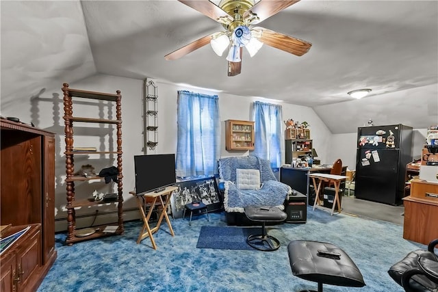 living area featuring vaulted ceiling, carpet flooring, ceiling fan, and baseboard heating