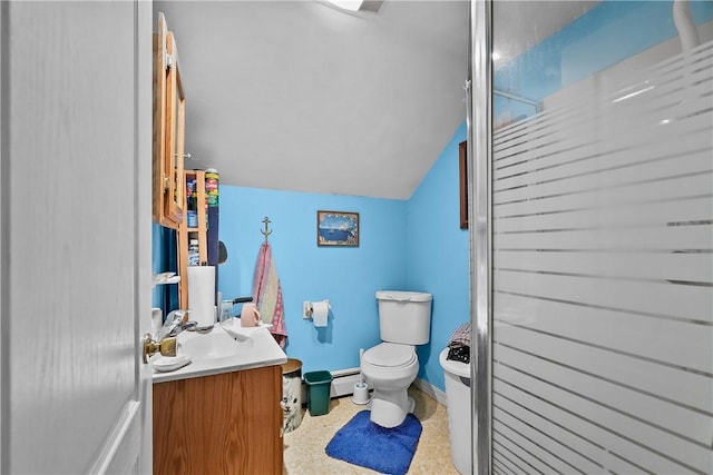 bathroom with lofted ceiling, toilet, a shower with shower door, vanity, and a baseboard heating unit