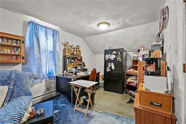 office space featuring carpet flooring, a baseboard radiator, and vaulted ceiling