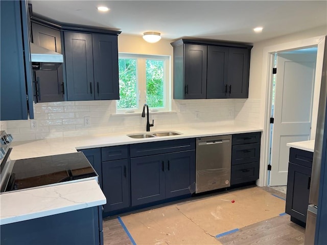 kitchen featuring stainless steel appliances, sink, decorative backsplash, and exhaust hood