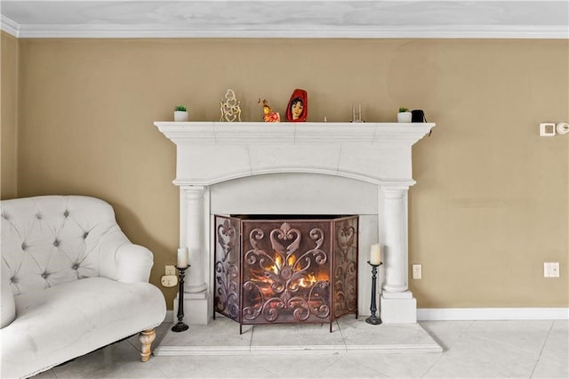 living area featuring ornamental molding and tile patterned flooring