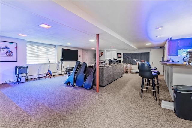 interior space featuring light colored carpet and a baseboard radiator