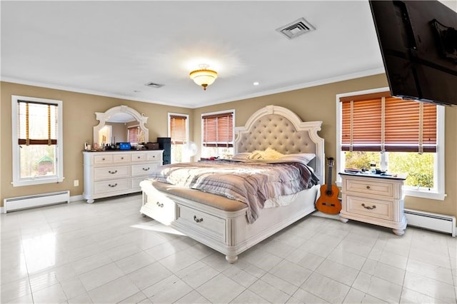 bedroom with crown molding, light tile patterned flooring, and baseboard heating