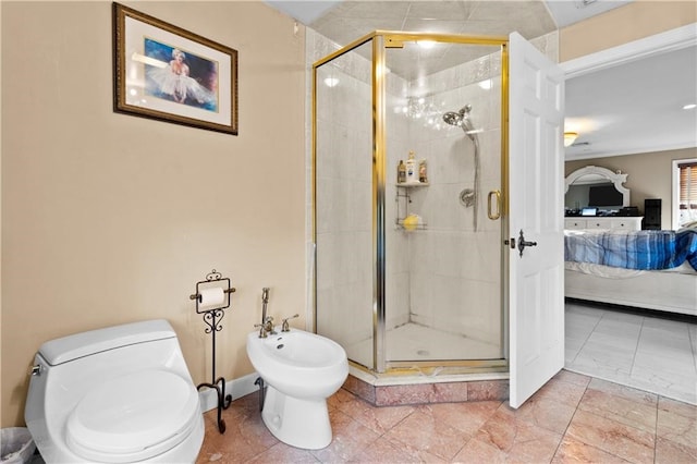 bathroom featuring tile patterned flooring, a bidet, toilet, and a shower with shower door