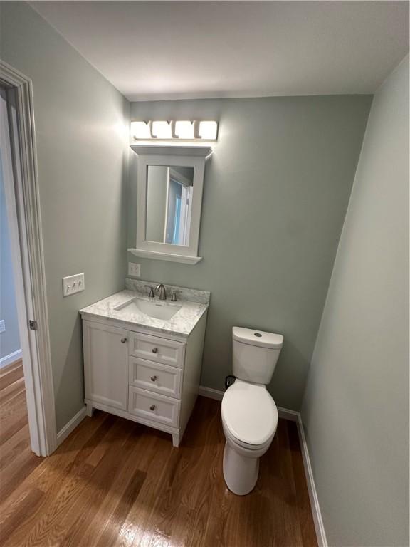 bathroom with hardwood / wood-style flooring, vanity, and toilet