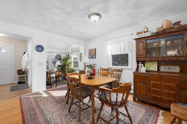 dining room with light hardwood / wood-style floors, a textured ceiling, and a baseboard heating unit