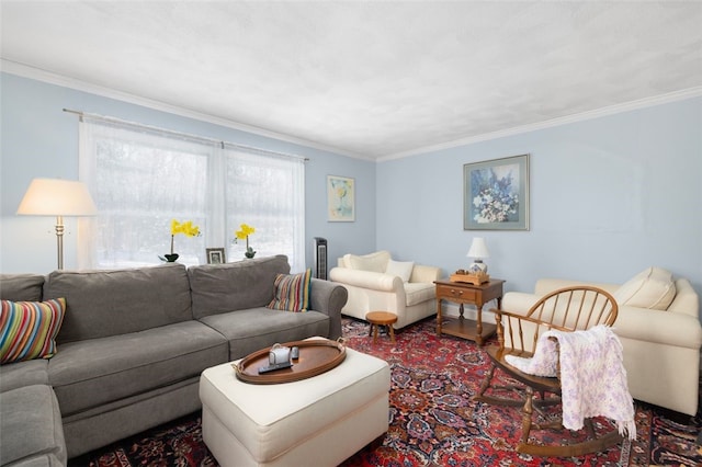 living room with ornamental molding