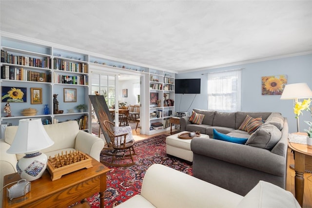 living room with crown molding