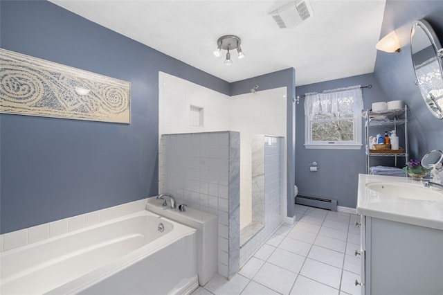 full bathroom featuring shower with separate bathtub, a baseboard heating unit, tile patterned floors, and vanity