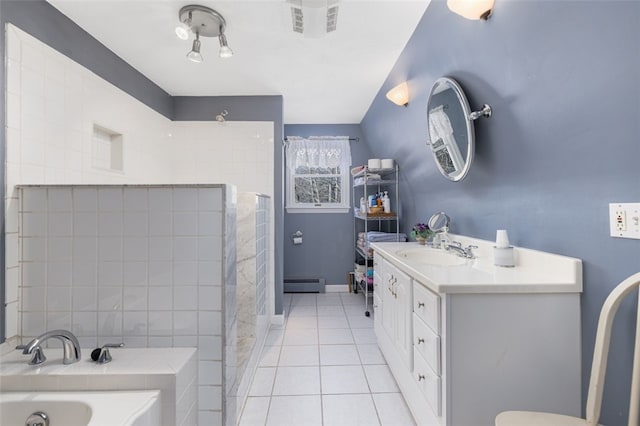 bathroom featuring tile patterned flooring, vanity, a baseboard radiator, and shower with separate bathtub