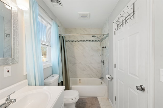 full bathroom with shower / bathtub combination with curtain, vanity, and toilet