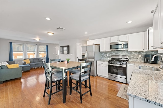 kitchen featuring sink, appliances with stainless steel finishes, backsplash, light stone counters, and white cabinets