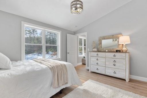 bedroom with lofted ceiling, multiple windows, and light wood-type flooring