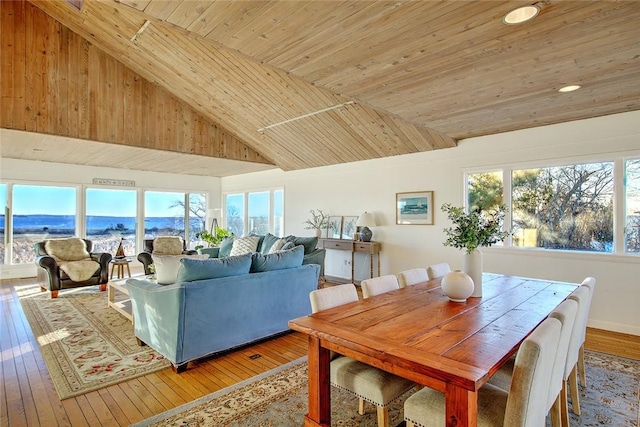 dining room with hardwood / wood-style flooring, wooden ceiling, and a wealth of natural light