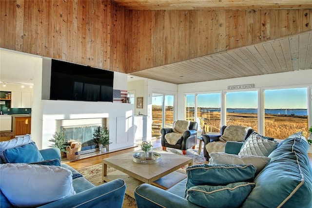 living room featuring hardwood / wood-style flooring, a water view, and wood ceiling