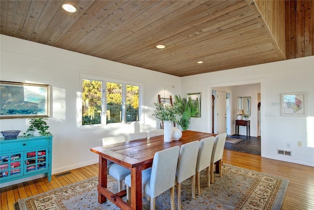 dining room with hardwood / wood-style flooring and wooden ceiling