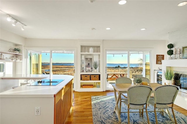 kitchen with black electric cooktop, light hardwood / wood-style flooring, and a water view