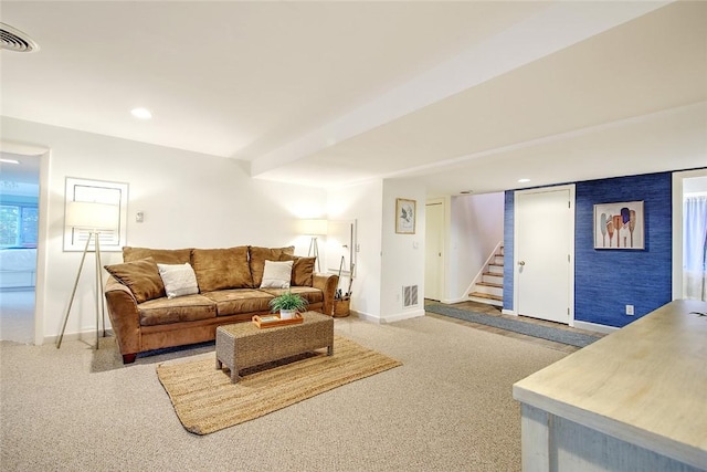 living room with light colored carpet