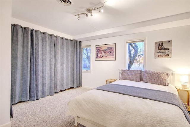 carpeted bedroom featuring rail lighting