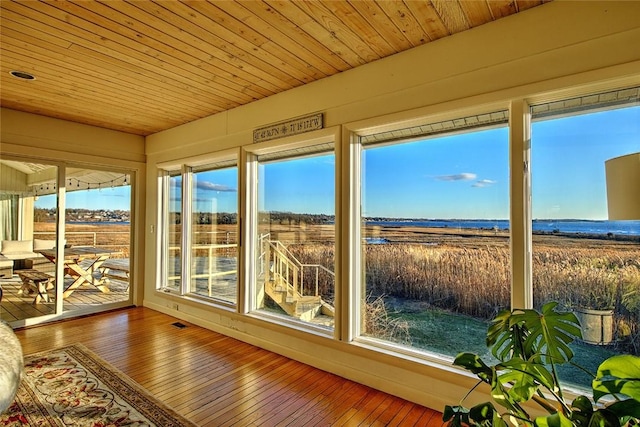 unfurnished sunroom with a rural view and wooden ceiling