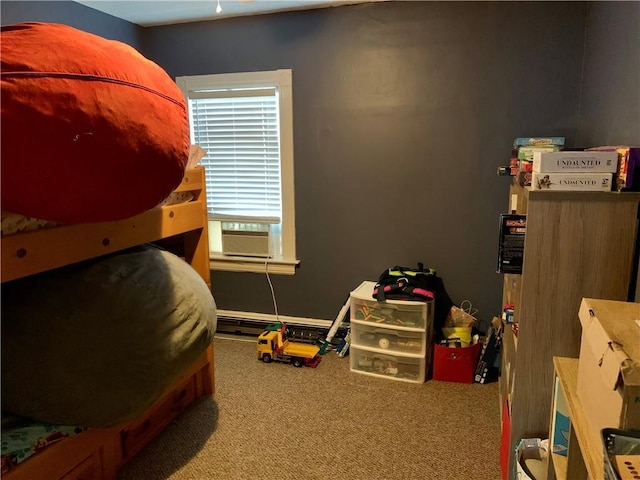 bedroom featuring cooling unit and carpet