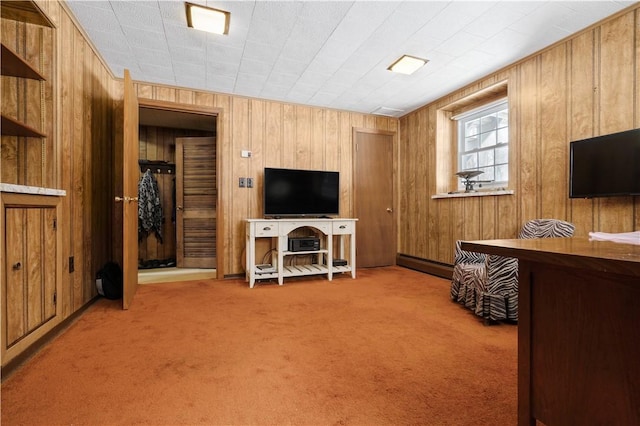 living room with light colored carpet, wooden walls, and a baseboard heating unit