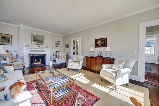 living room with hardwood / wood-style flooring and ornamental molding