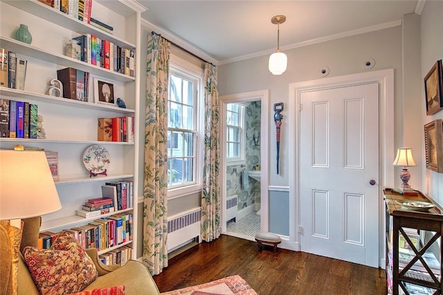 living area featuring dark hardwood / wood-style flooring, radiator, and ornamental molding