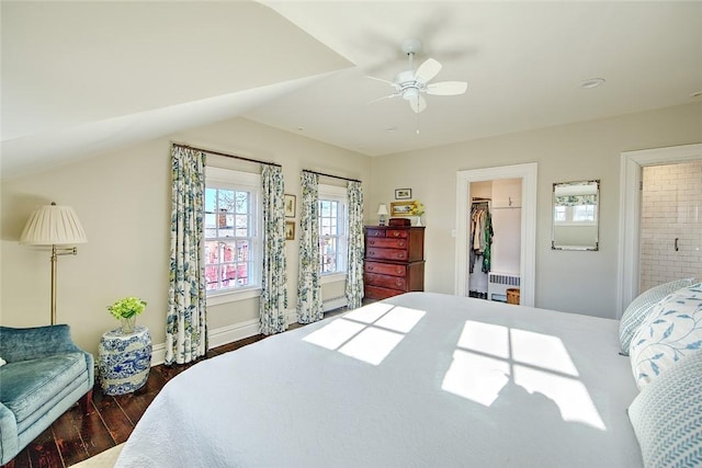 bedroom featuring ensuite bath, a walk in closet, radiator heating unit, dark hardwood / wood-style floors, and ceiling fan